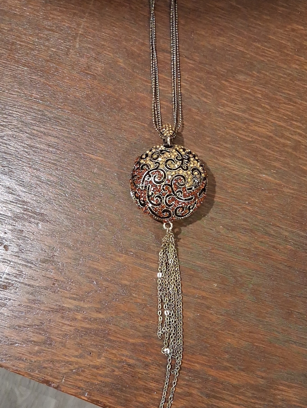Ornate Gold Filigree Pendant Tassel Necklace in Gold